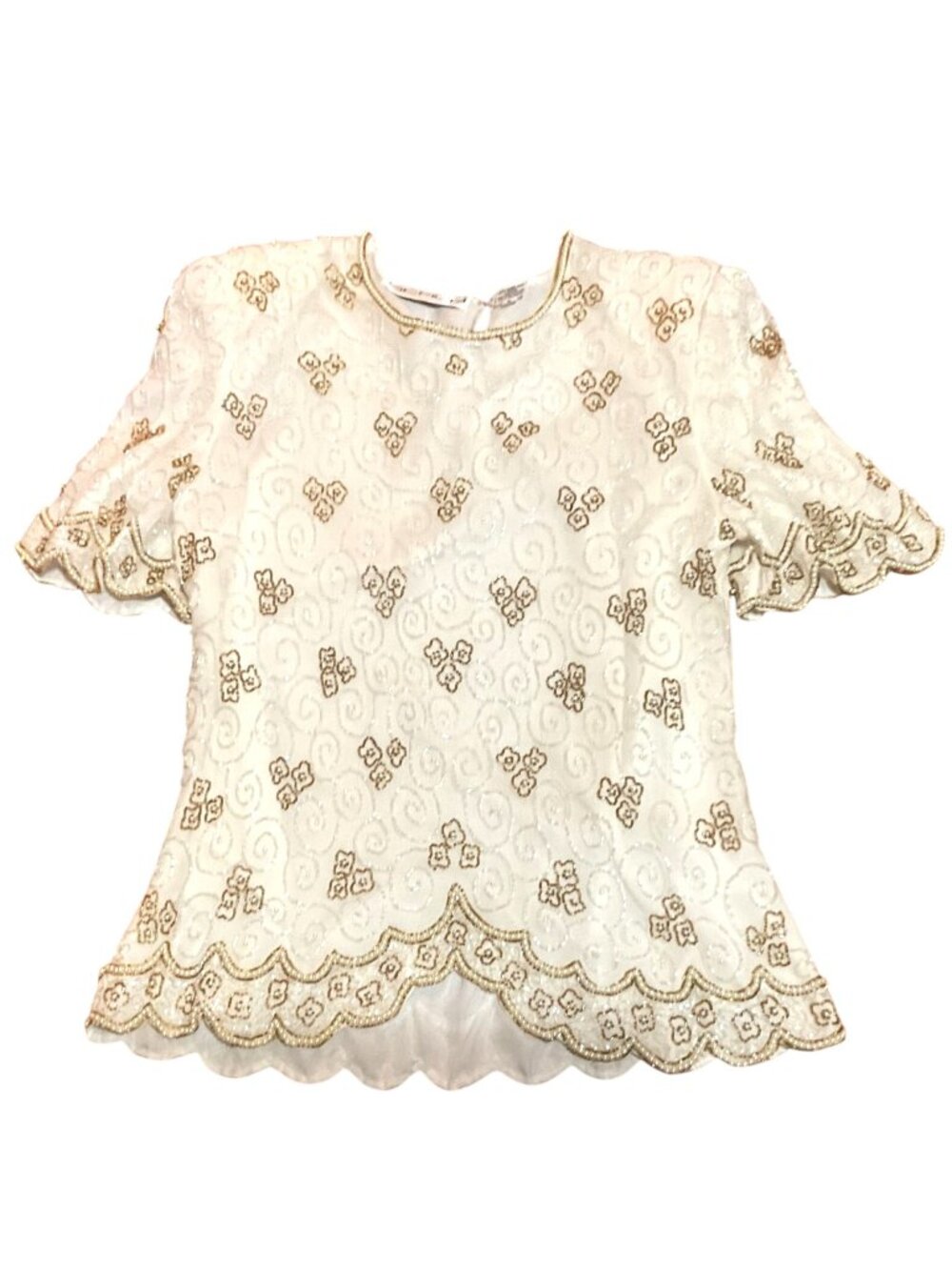 Vtg Scala Beaded Silk Blouse Sz L Cream Gold Silk Lining Scalloped Hems Keyhole